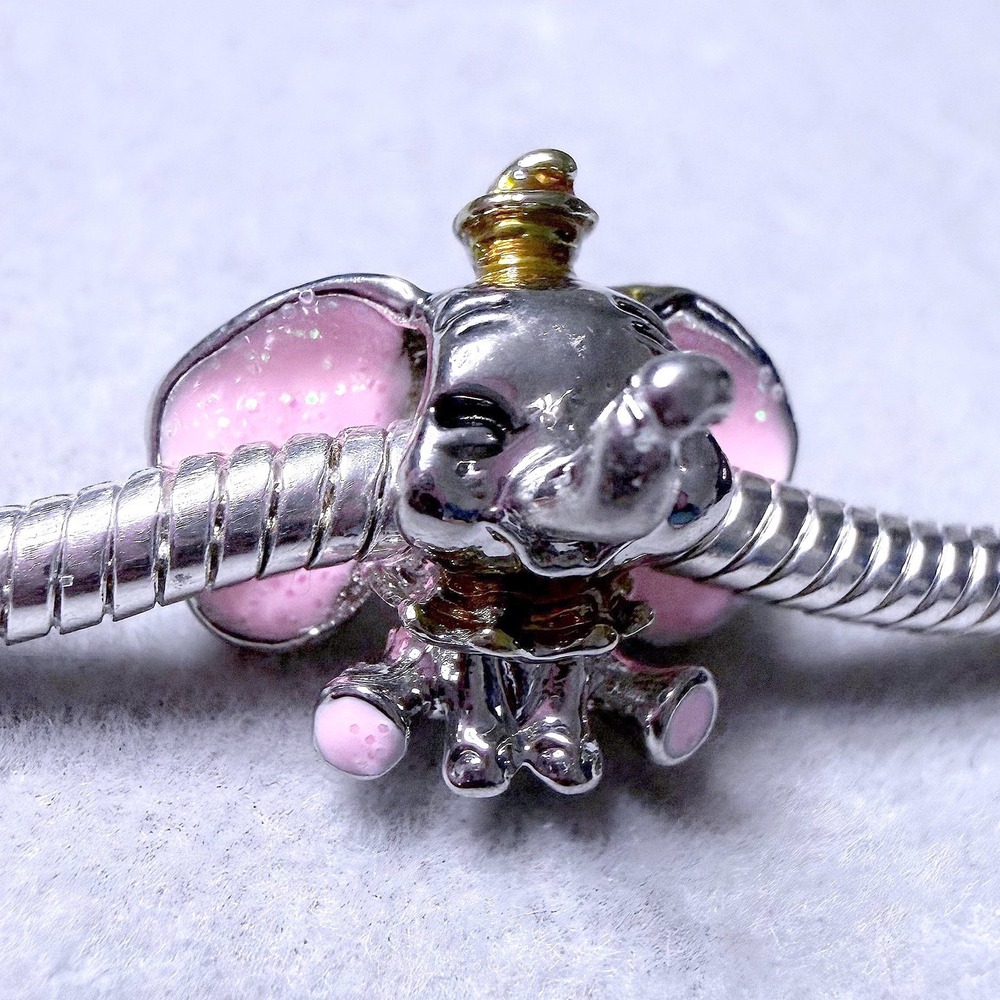 SILVER Toned Disney Dumbo Elephant Pink Glitter Ear European Charm fits PANDORA